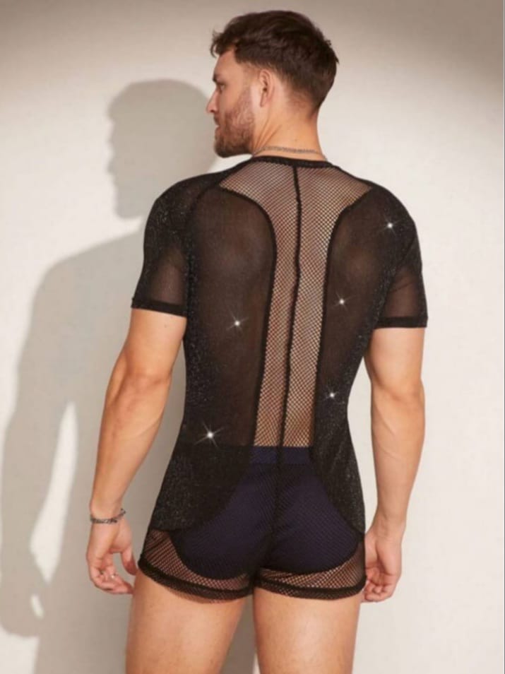 Men's Rhinestone Mesh Sheer V-Neck Zipper Collar Lounge Romper